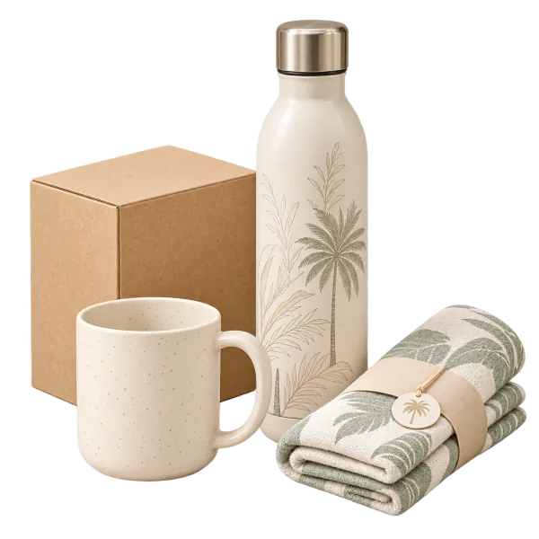 Custom e-commerce merchandise featuring branded packaging, drinkware and lifestyle products