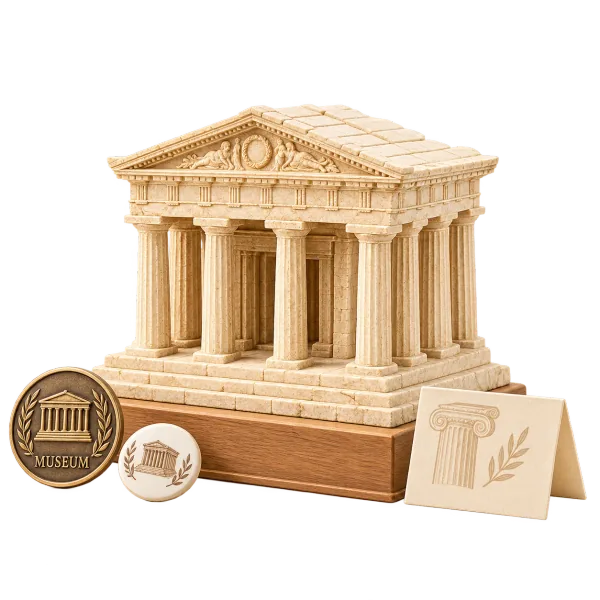 Custom museum souvenirs featuring miniature architecture, collectible coins and cultural gift merchandise
