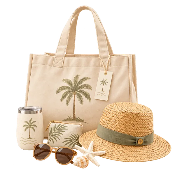 Custom resort merchandise featuring tote bags, hats and branded travel gifts