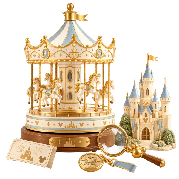 Custom theme park merchandise featuring carousel, castle and destination-inspired collectibles
