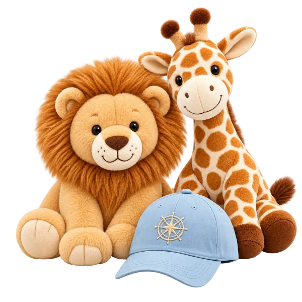 Custom zoo merchandise featuring animal plush toys and branded souvenir accessories