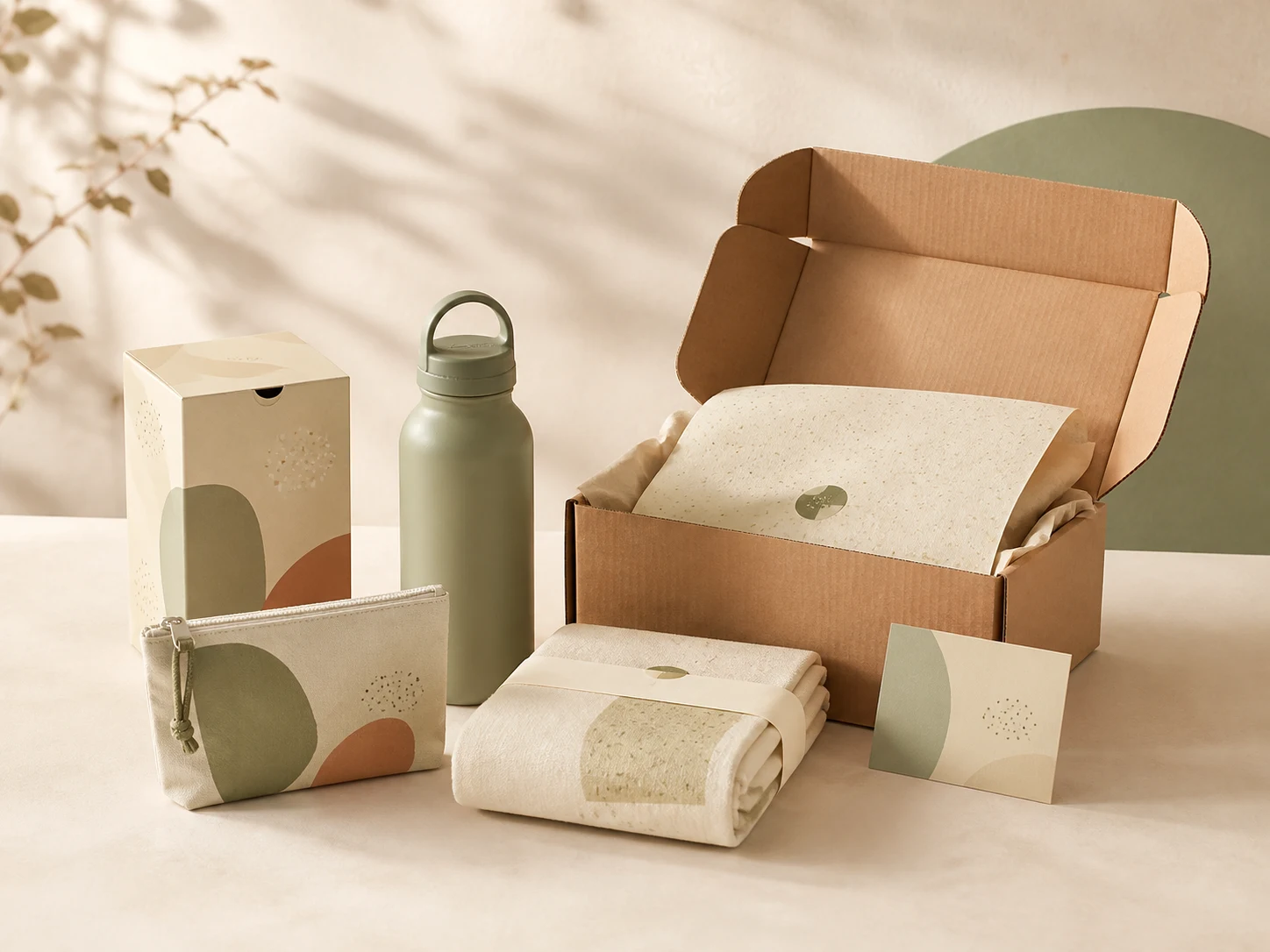 E-commerce brand merchandise collection with coordinated products, packaging and shipping-ready presentation