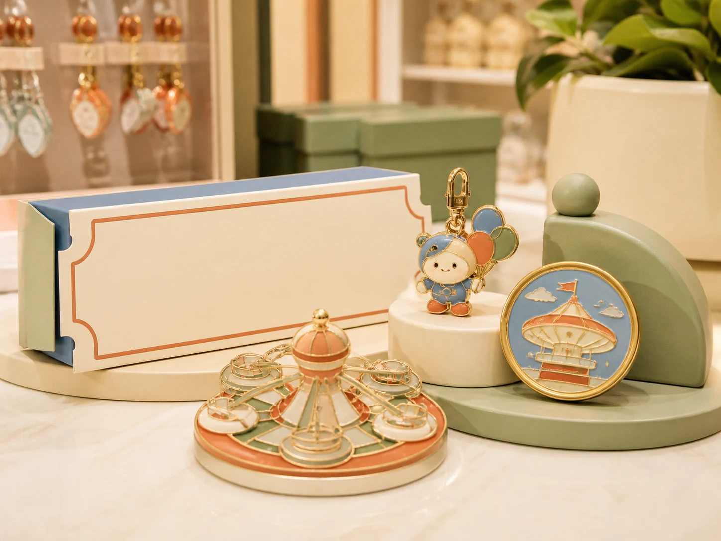 Theme park merchandise assortment with attraction souvenirs, collectibles and character products