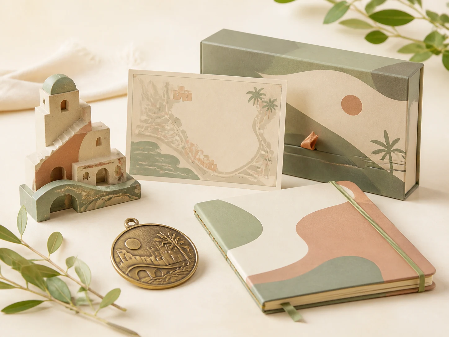 Tourist attraction souvenir collection with landmark keepsakes, miniatures and gift items