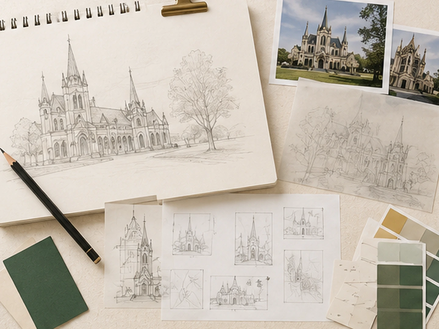 Sketches, reference images and material samples for custom product artwork development