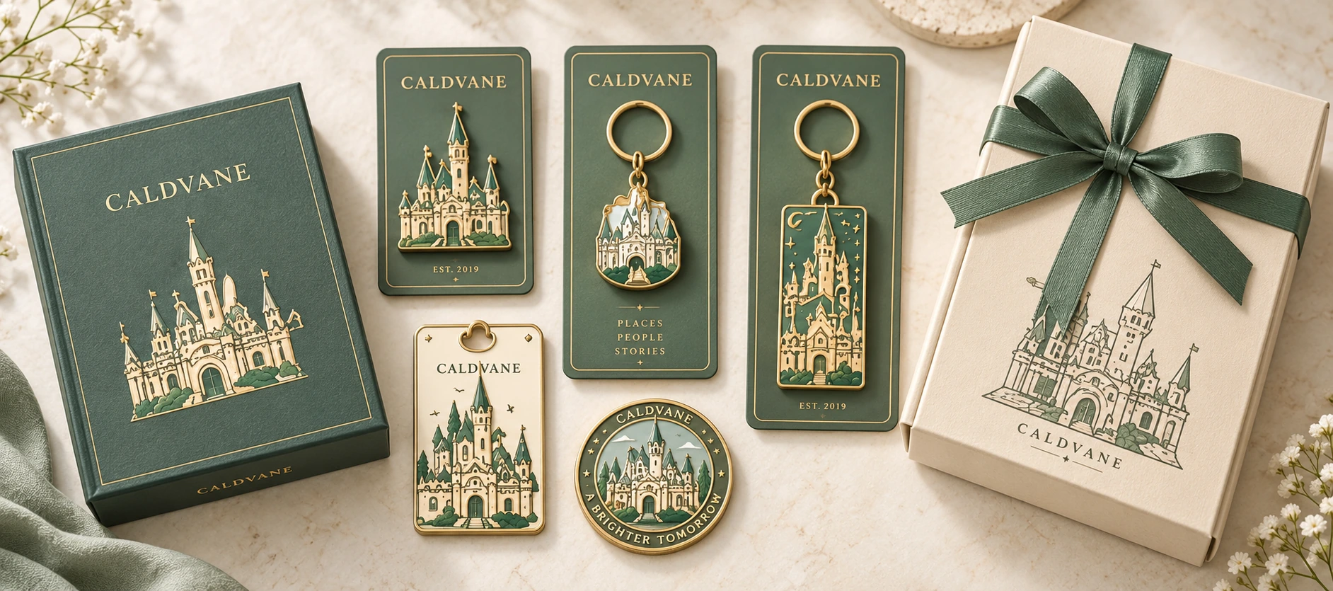 Coordinated custom merchandise collection with packaging, gift box formats and matched product presentation