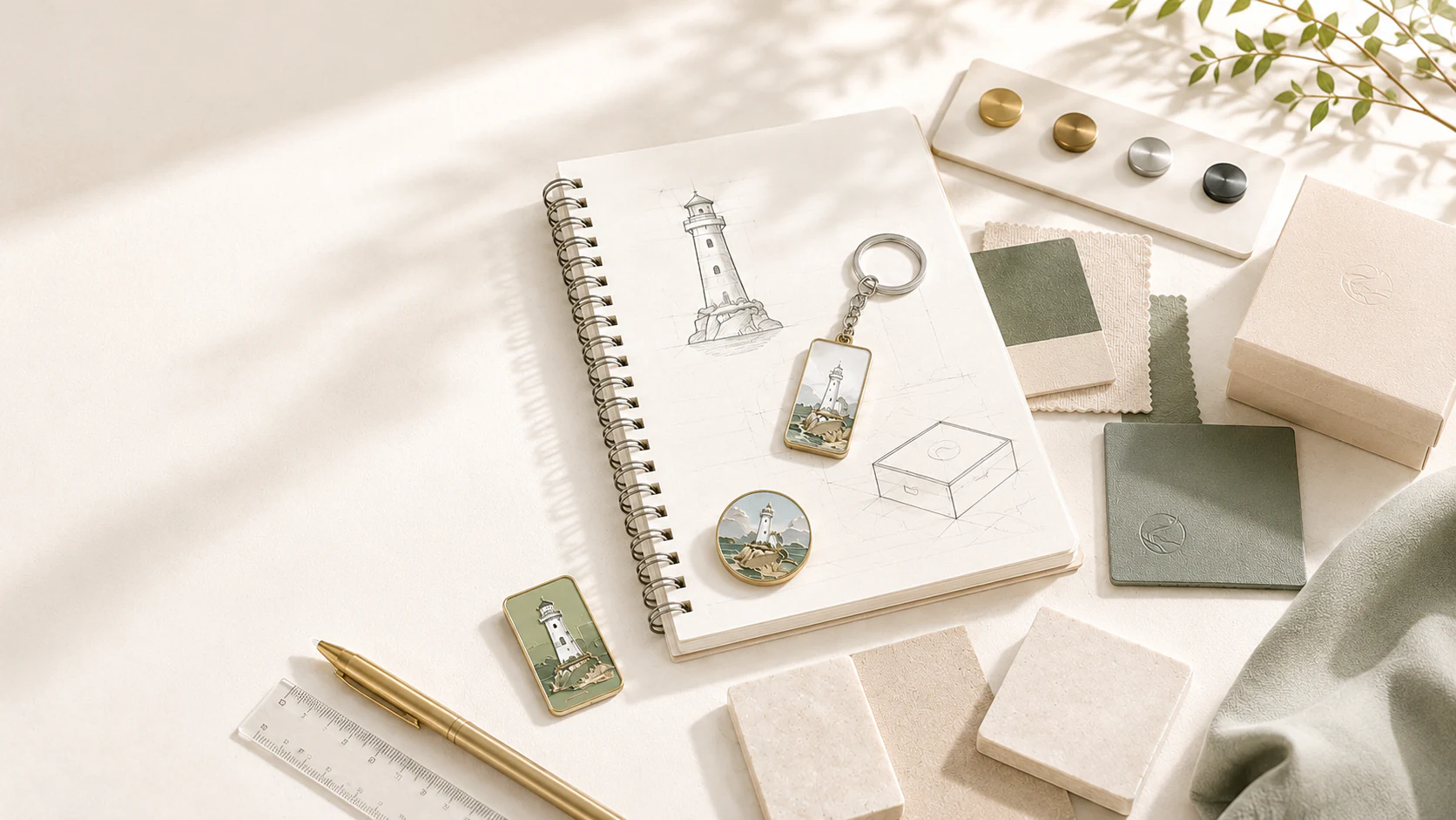 Custom merchandise development worktable with sketches, material samples, hardware and packaging references