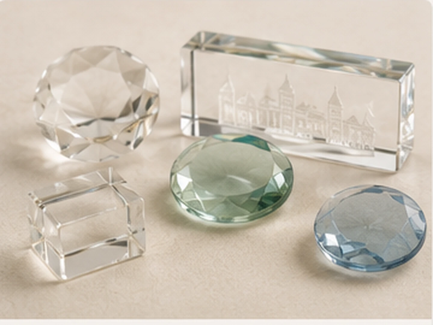 Crystal and glass material samples for decorative custom merchandise