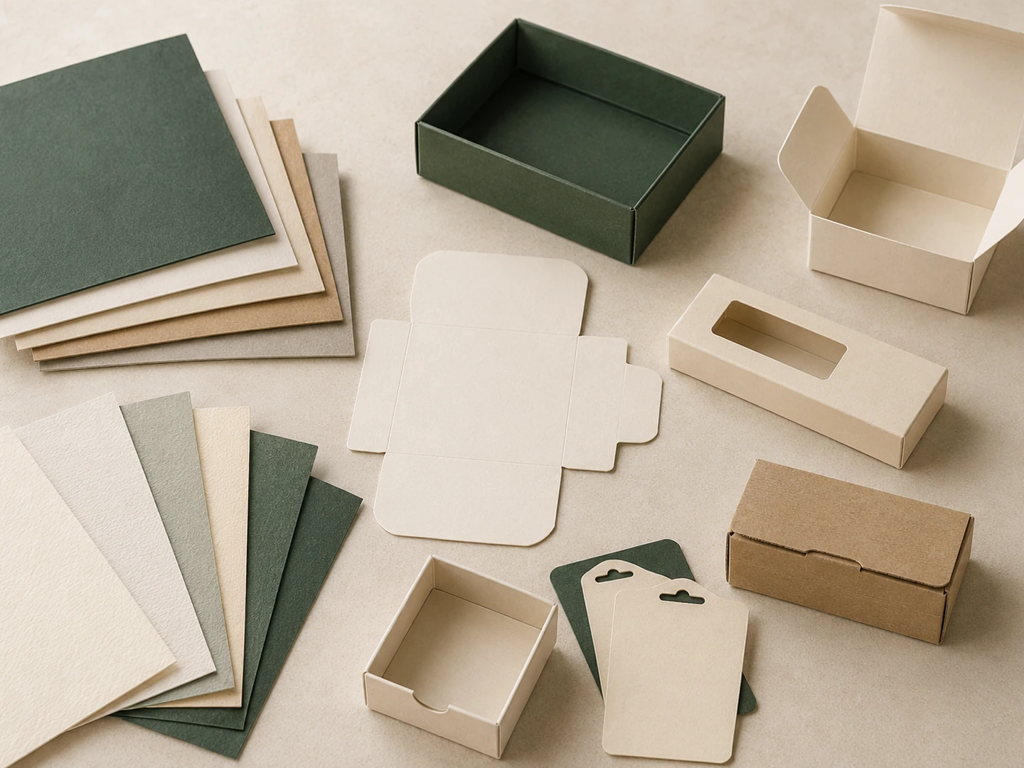 Paperboard, card and packaging structure samples for custom products