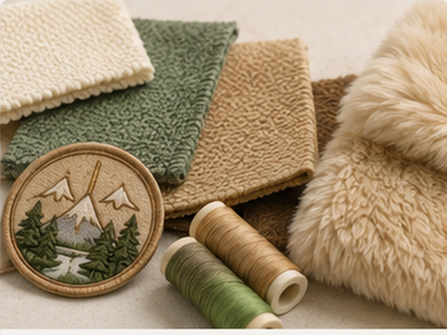 Fabric, embroidery and plush material samples for soft merchandise