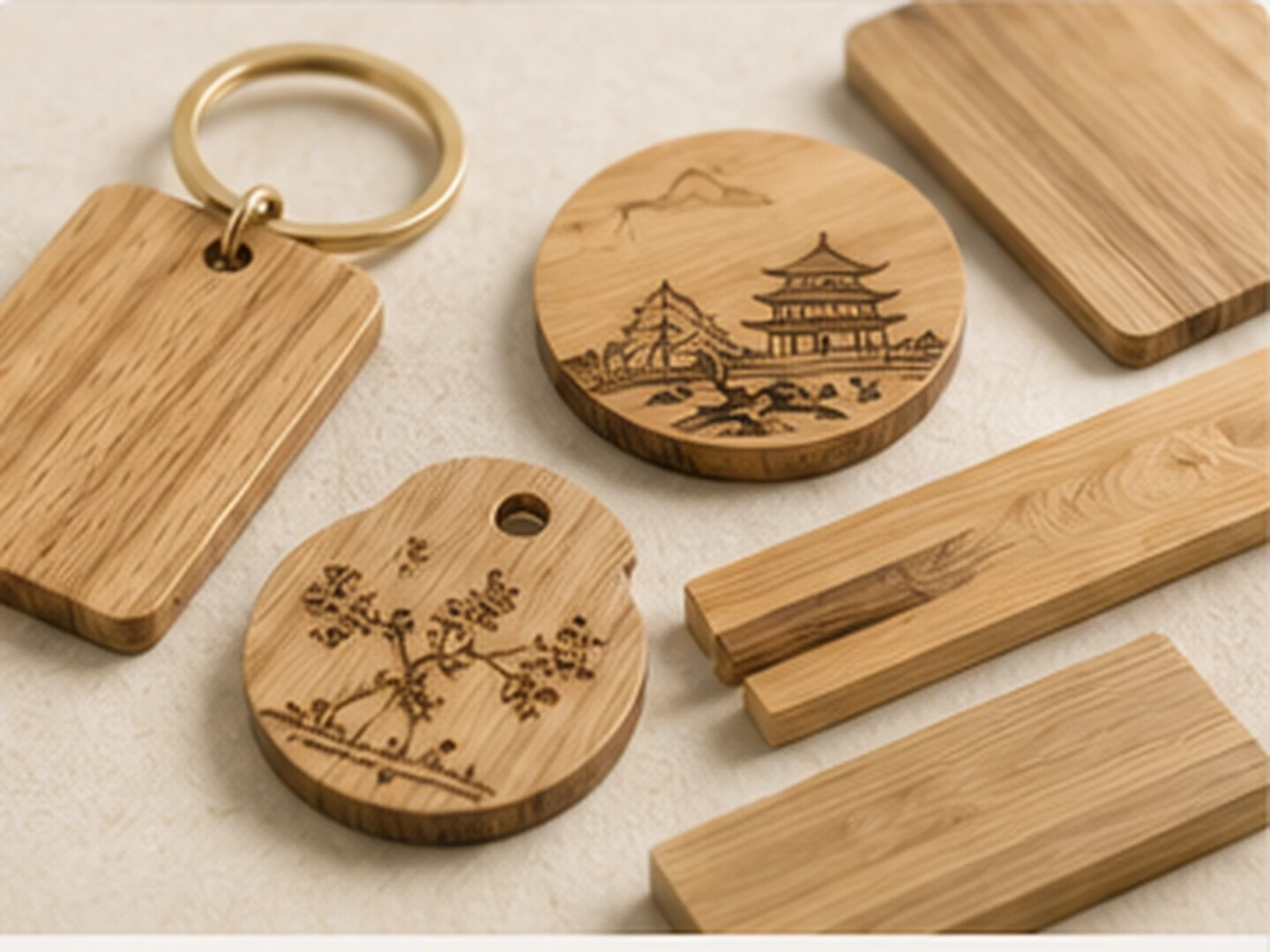 Wood and bamboo engraved material samples for custom merchandise