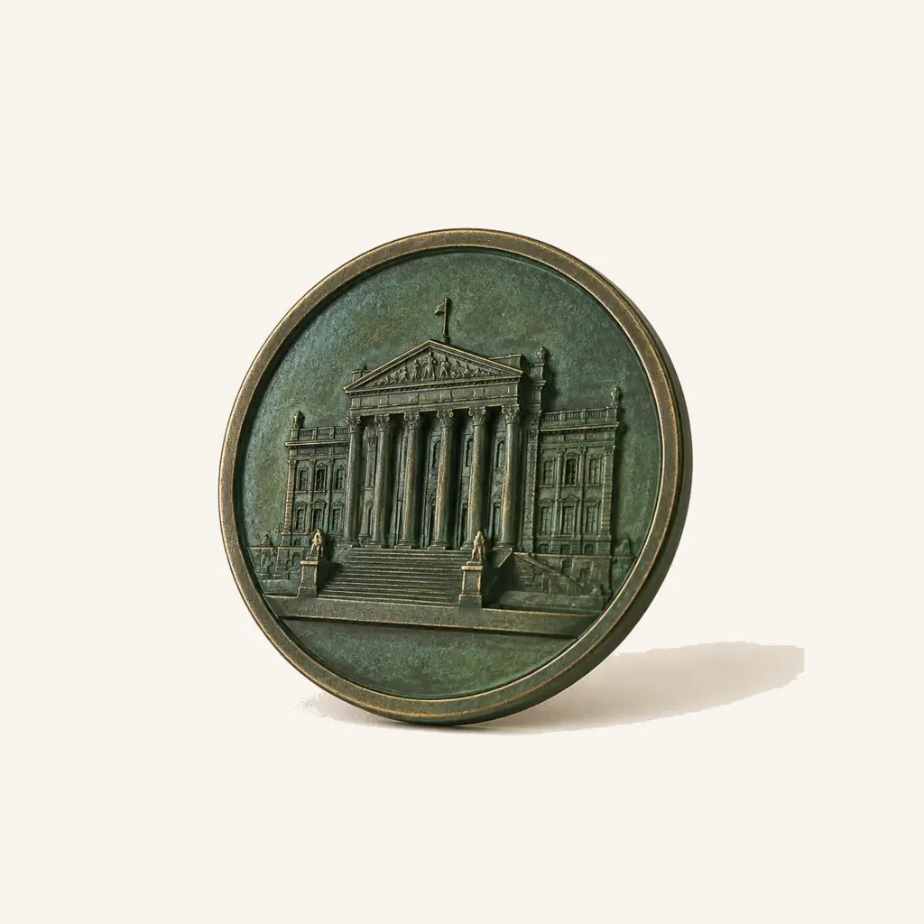 Cast metal heritage medallion with a landmark relief