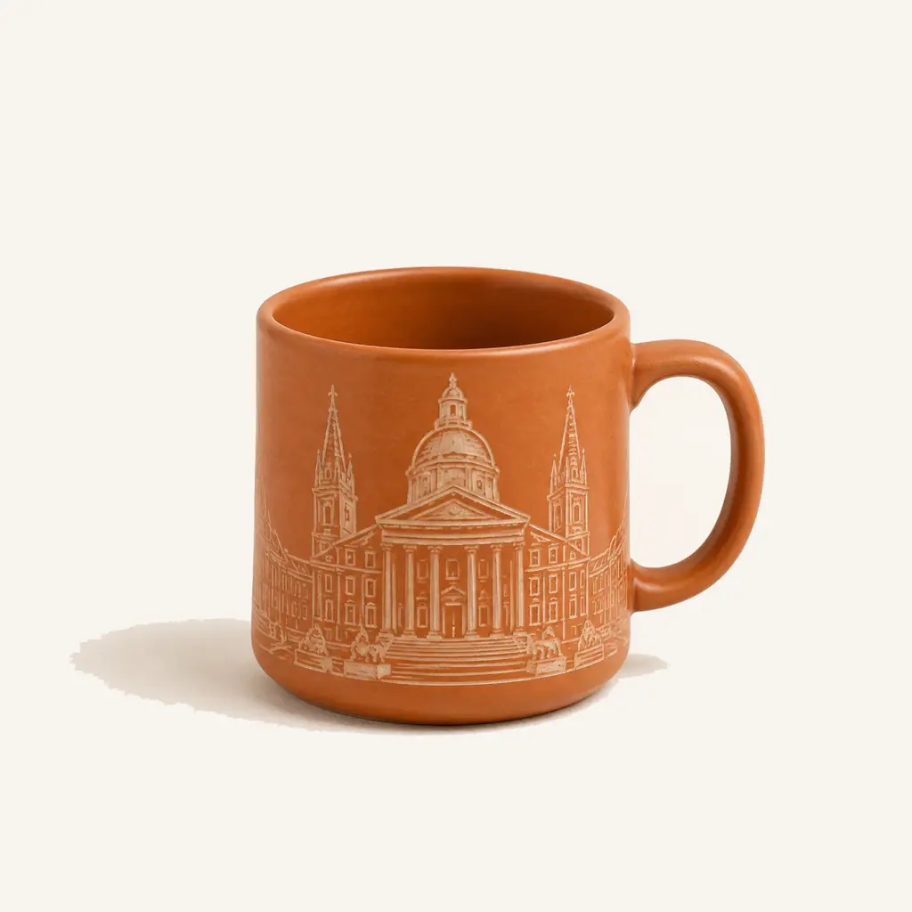 Terracotta ceramic mug with an architectural engraving