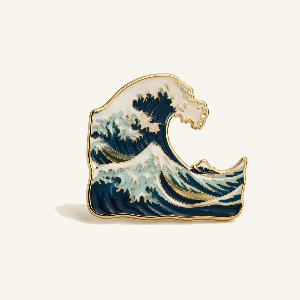 Blue and ivory hard enamel wave pin with gold edging