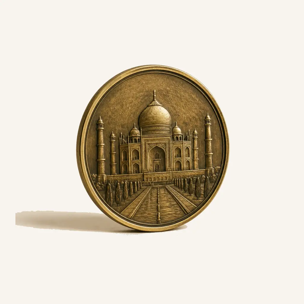 Antique brass commemorative coin with a landmark relief