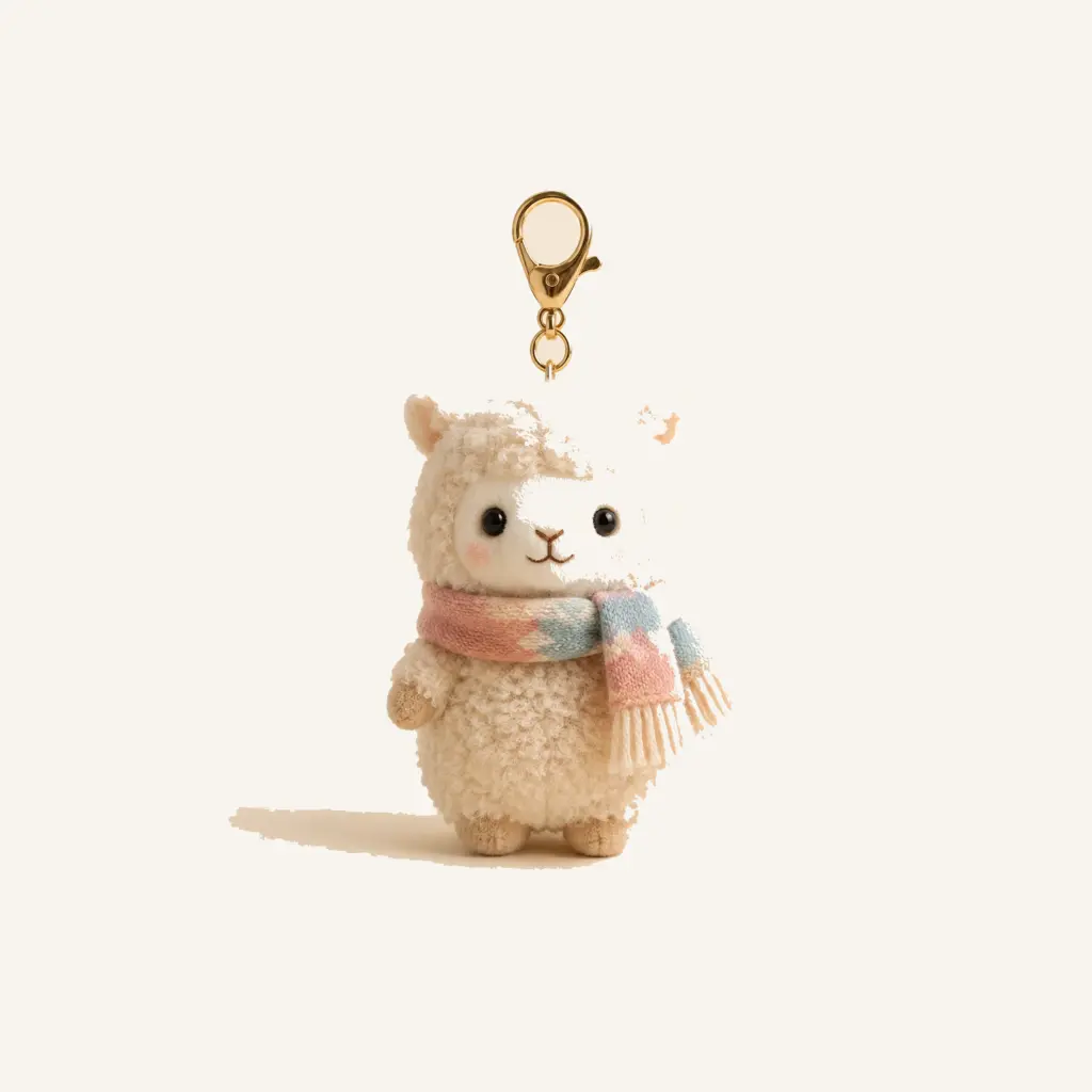 Soft plush animal keychain with a pastel scarf