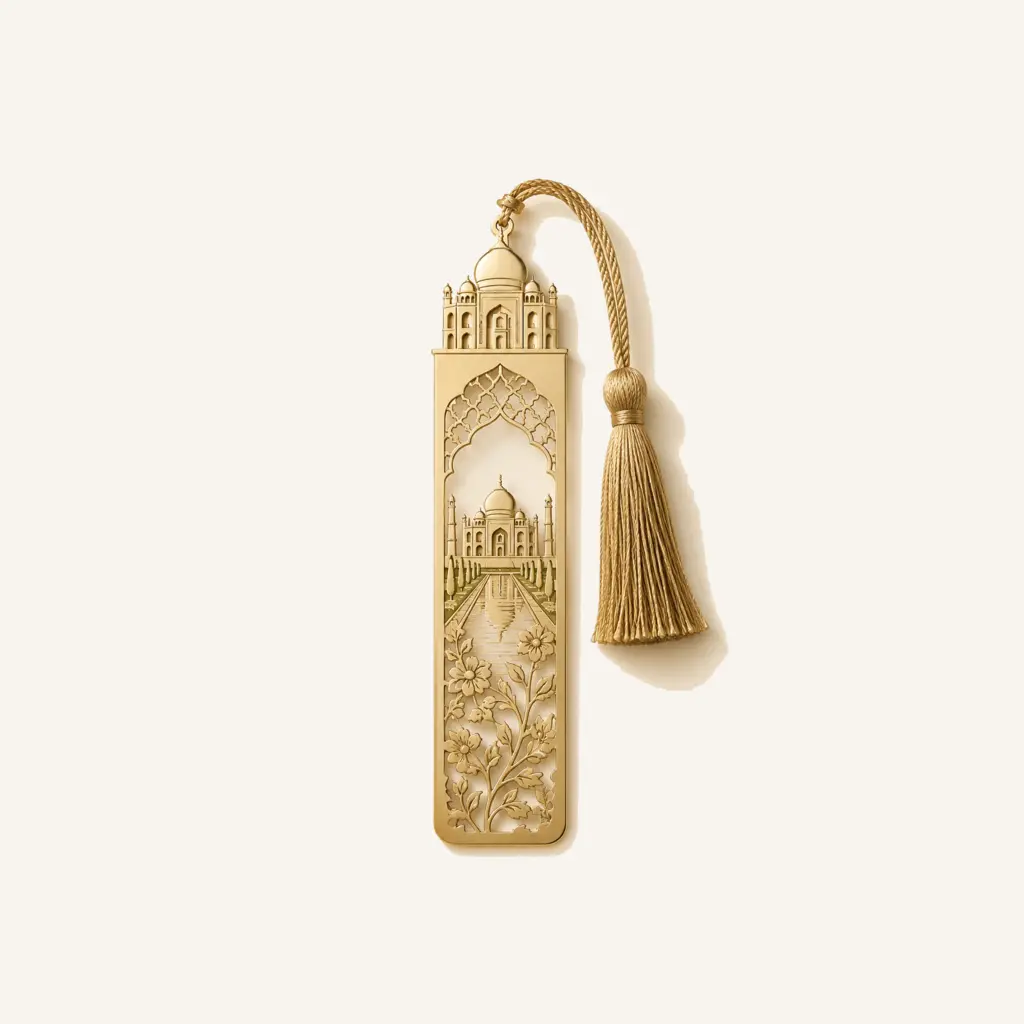 Brushed metal landmark bookmark with a tassel
