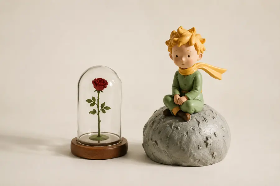 Character merchandise including a collectible figure and preserved rose display