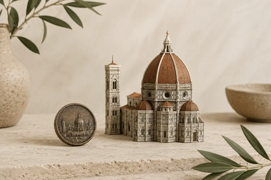 Destination souvenir collection featuring an architectural miniature and commemorative coin