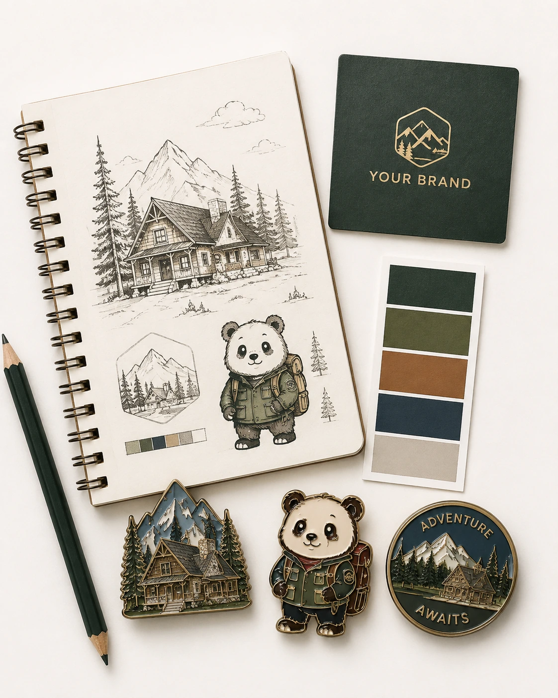 Custom merchandise artwork and identity development showing logo, character, landmark and visual concept exploration