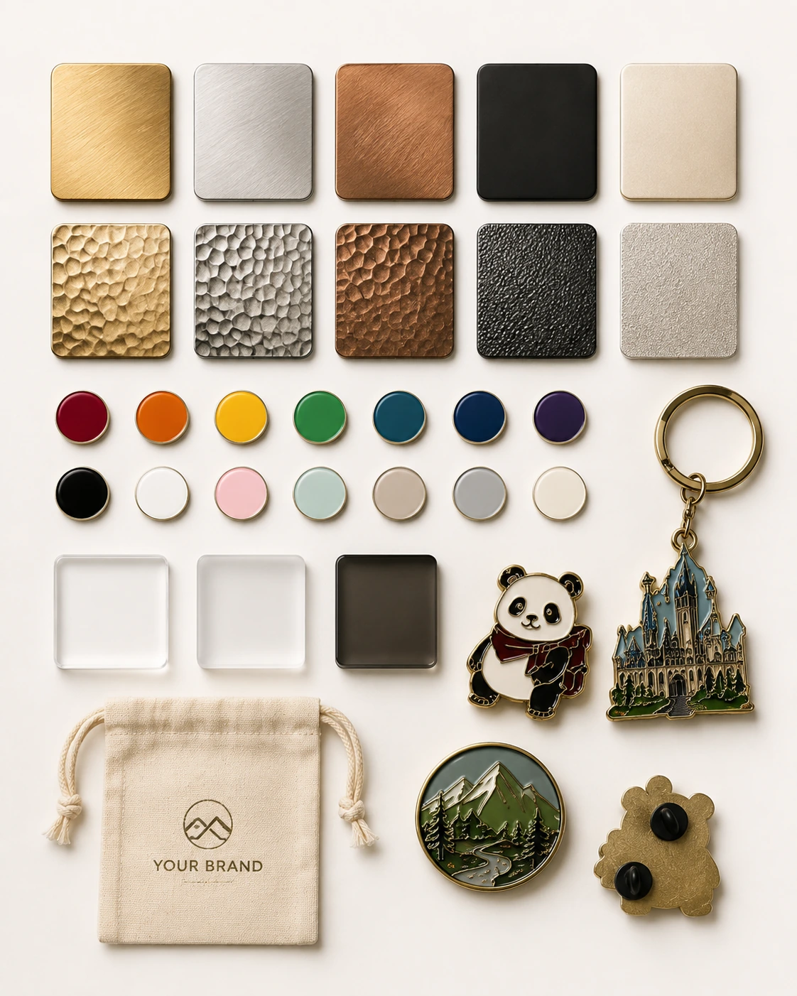Custom merchandise materials and finishes showing metal, enamel, acrylic, textile, plating and texture options