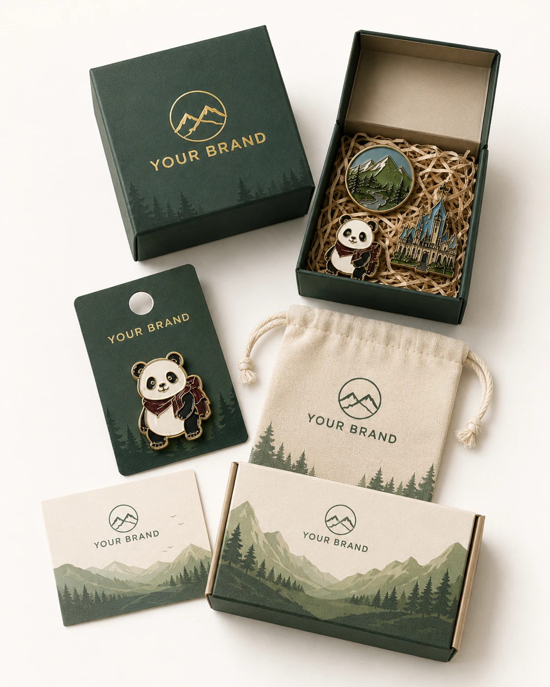 Custom merchandise packaging and collection development showing backing cards, boxes, gift sets and retail presentation