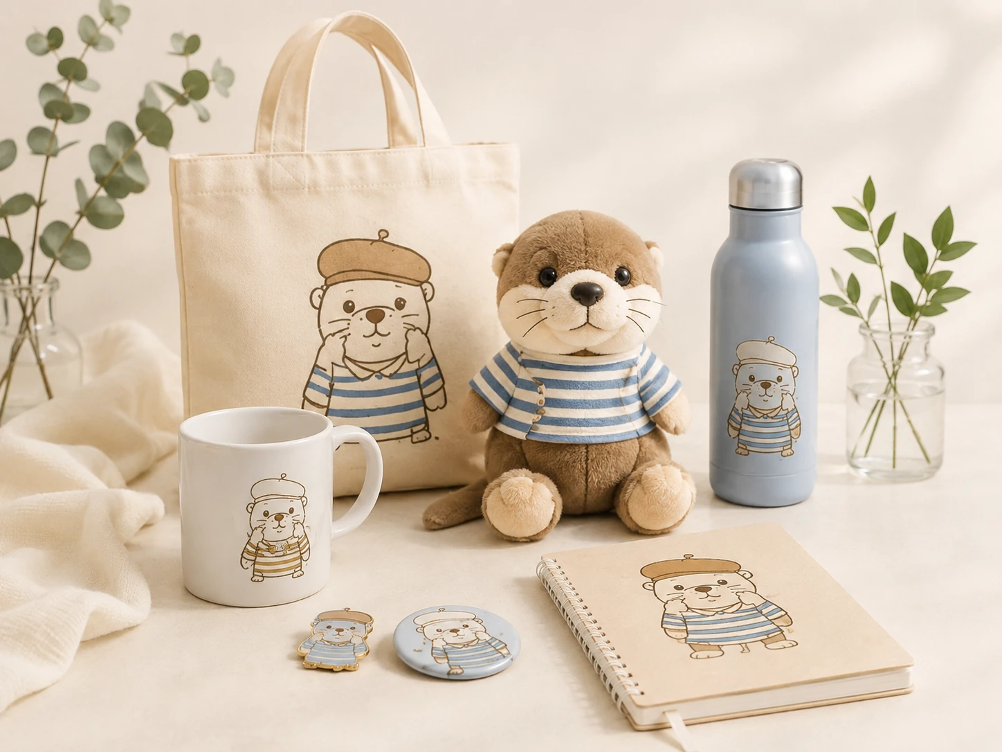 Custom character and brand merchandise collection featuring plush, branded accessories and collectible products