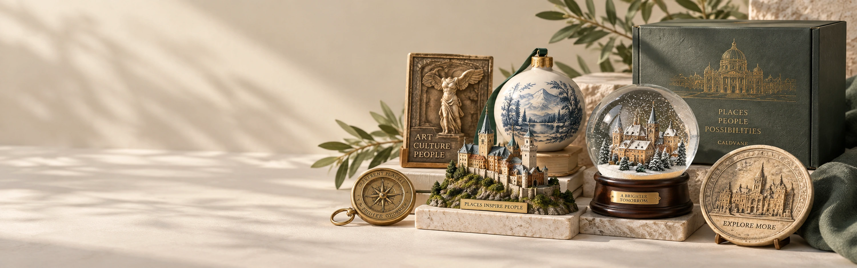 Projects merchandise collection concept with architectural miniatures, snow globe, decorative objects and collectible packaging