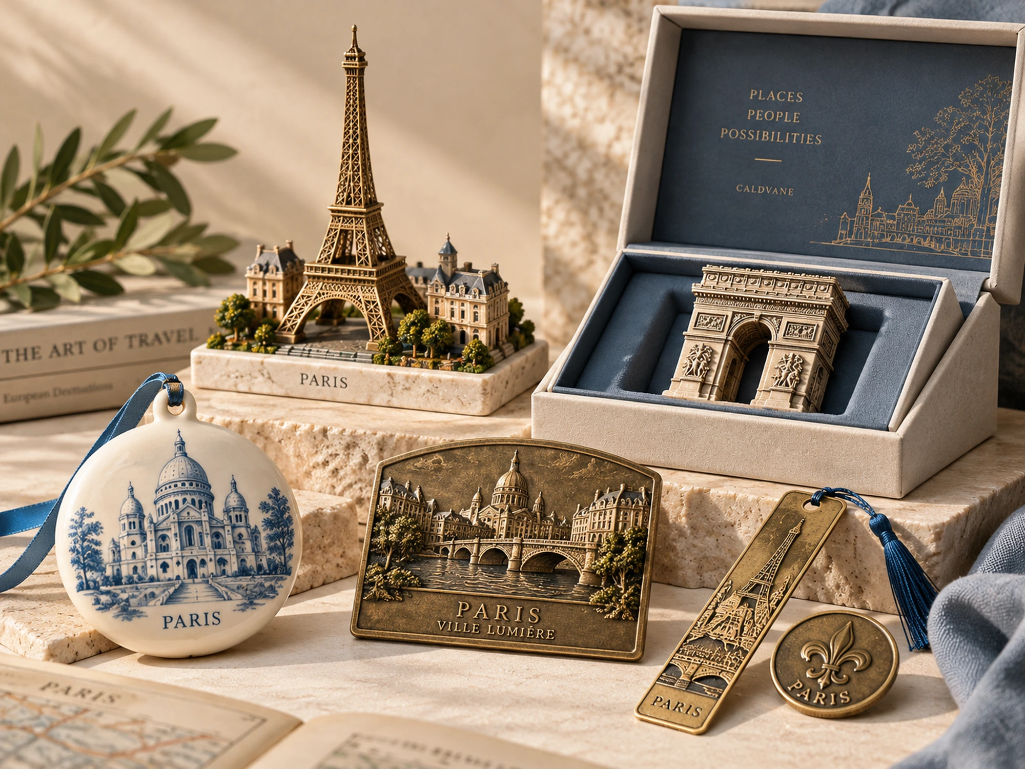 Paris-inspired destination souvenir collection with architectural miniatures, ceramic ornament, decorative plaque, bookmark and boxed collectible