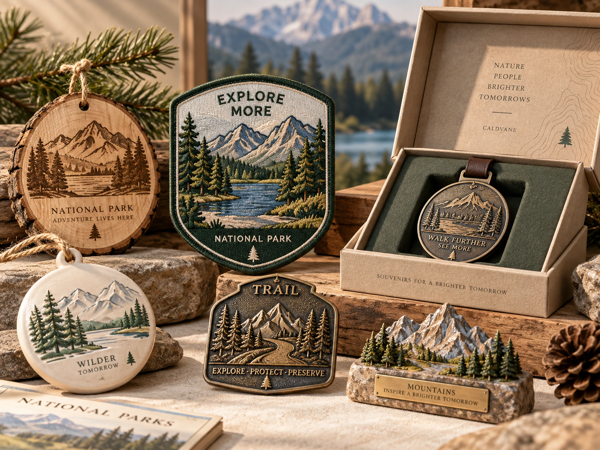 National park souvenir collection with embroidered patch, wooden ornament, trail medallion, ceramic ornament and mountain desk collectible
