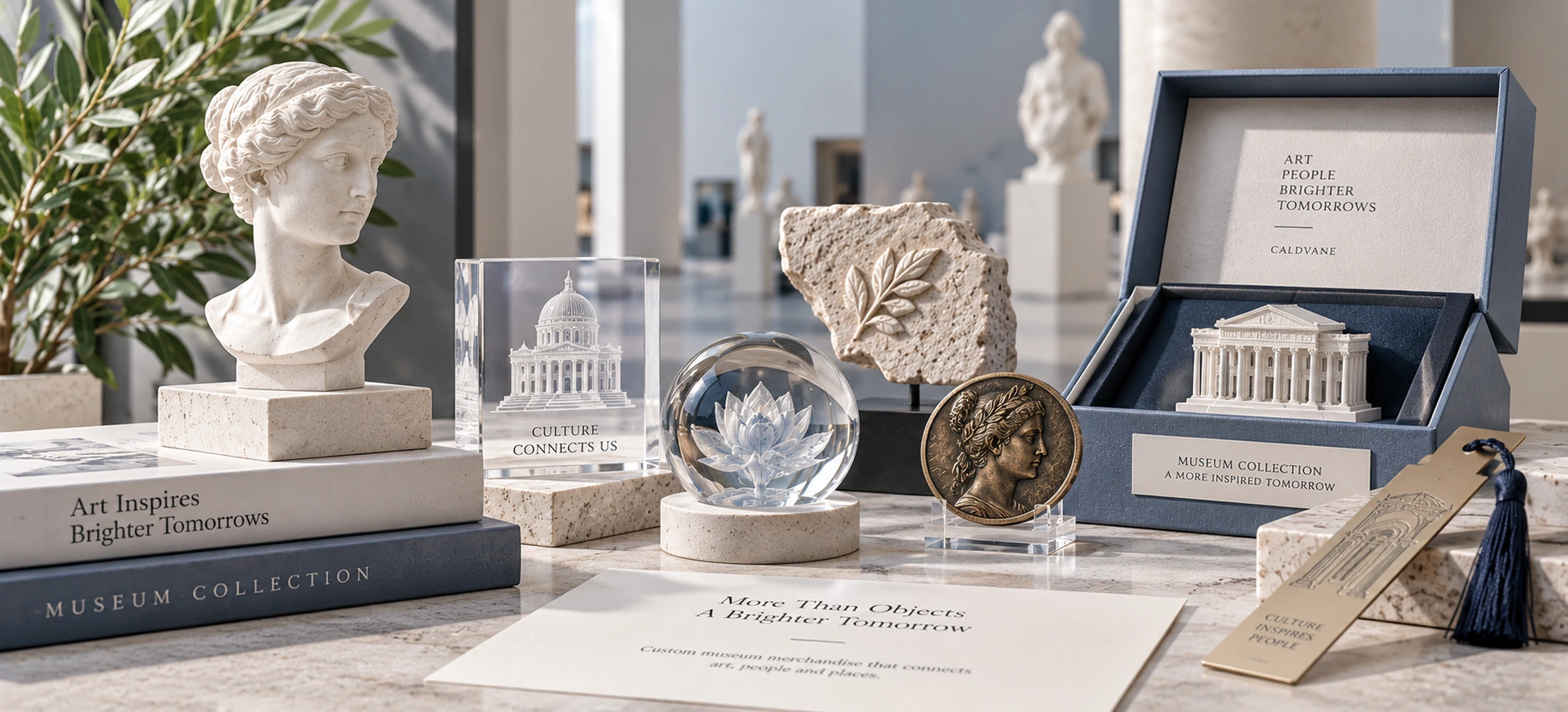 Contemporary museum merchandise collection with sculptural replica, acrylic display, glass paperweight, relief object and boxed collectible