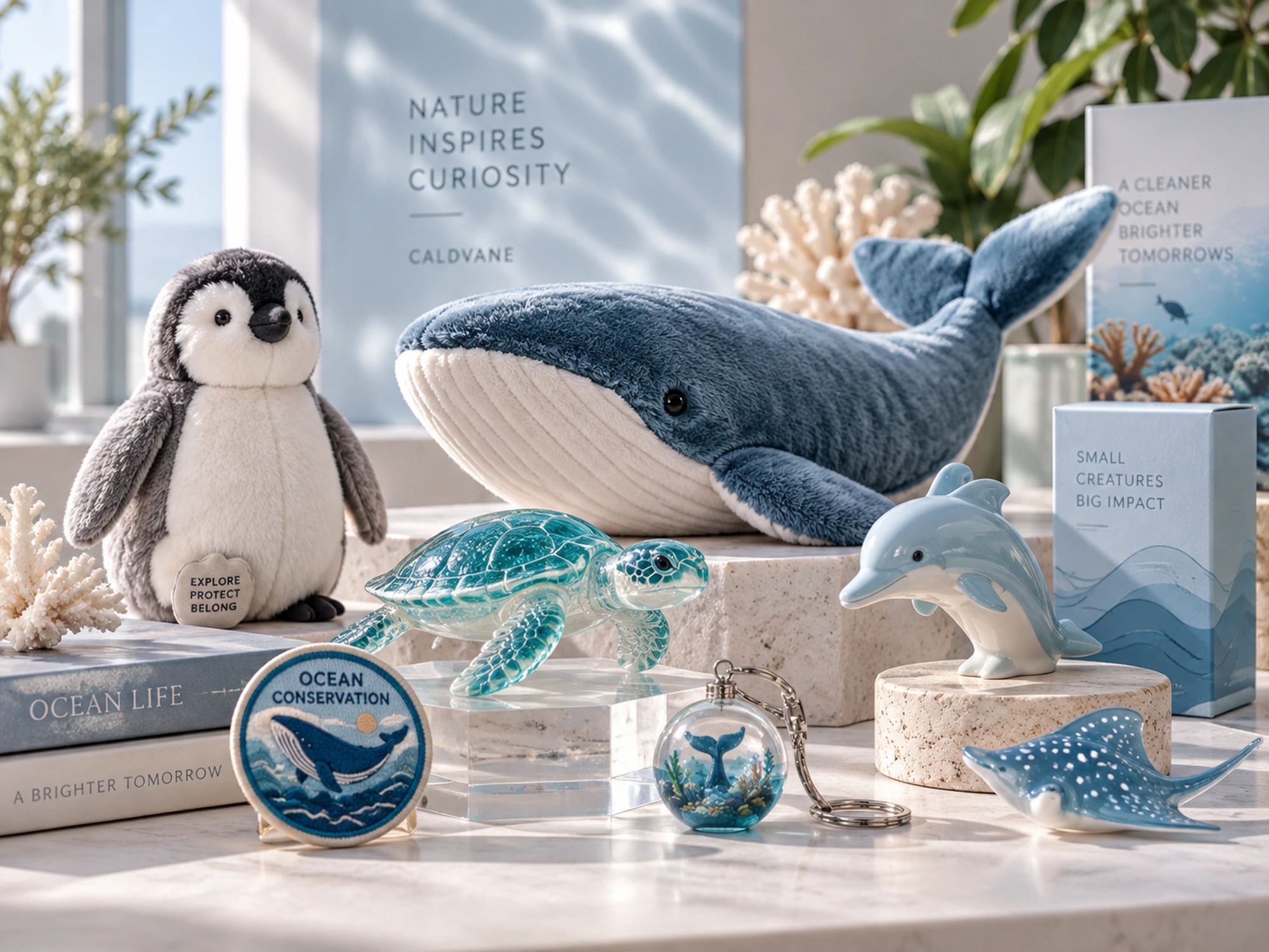 Zoo and aquarium merchandise collection with whale plush, penguin plush, sea turtle display, ceramic sea animals and embroidered patch