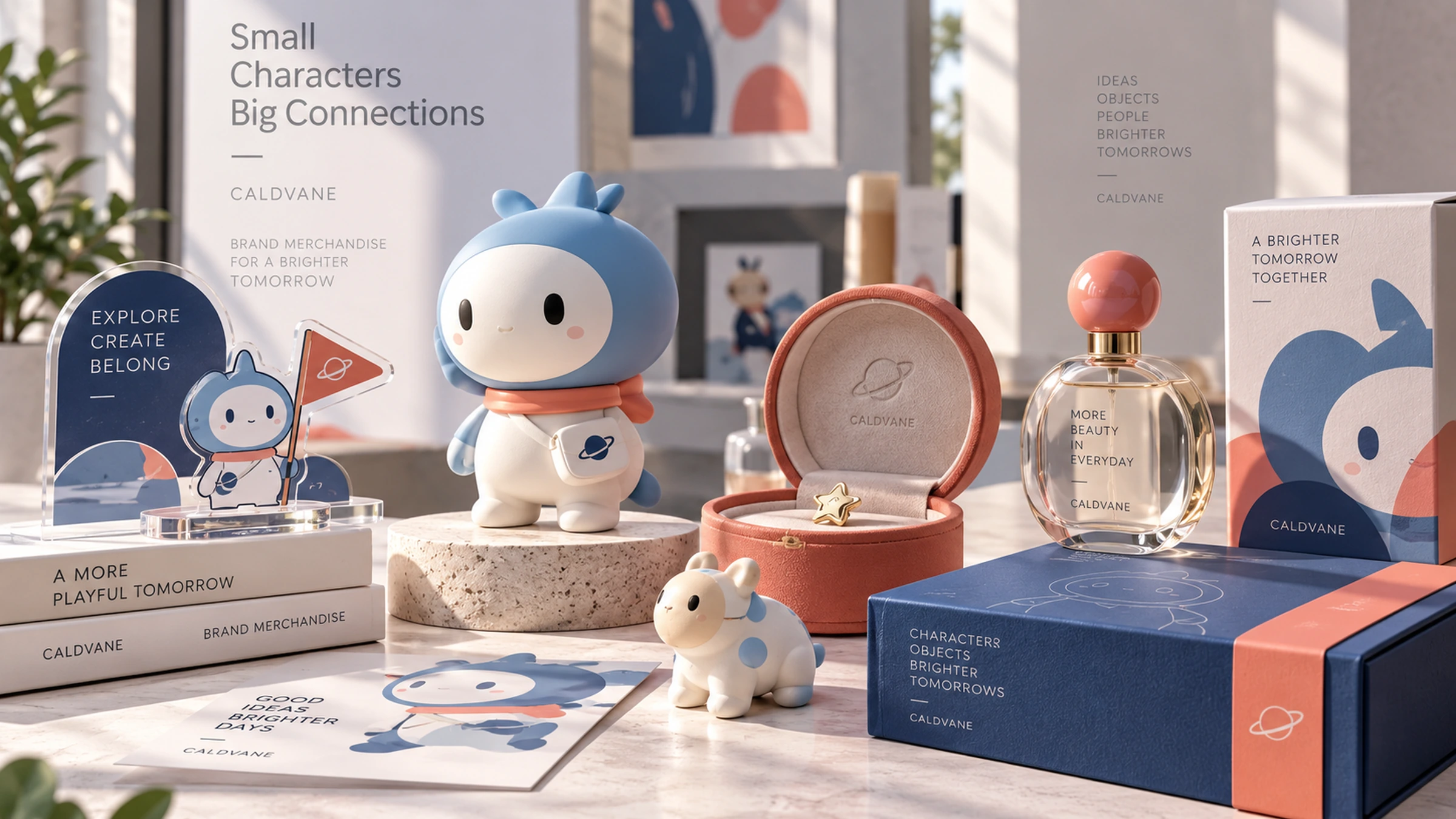 Original character merchandise collection with designer figure, acrylic display, keepsake box, decorative fragrance bottle and premium packaging