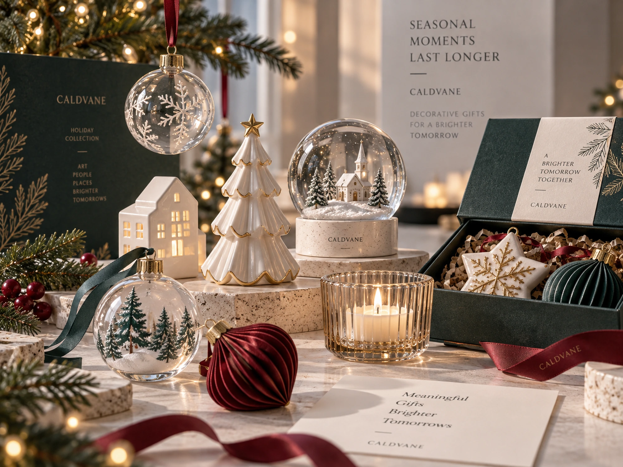 Seasonal holiday gift collection with glass ornaments, modern snow globe, ceramic decorations, candle holder and coordinated gift packaging