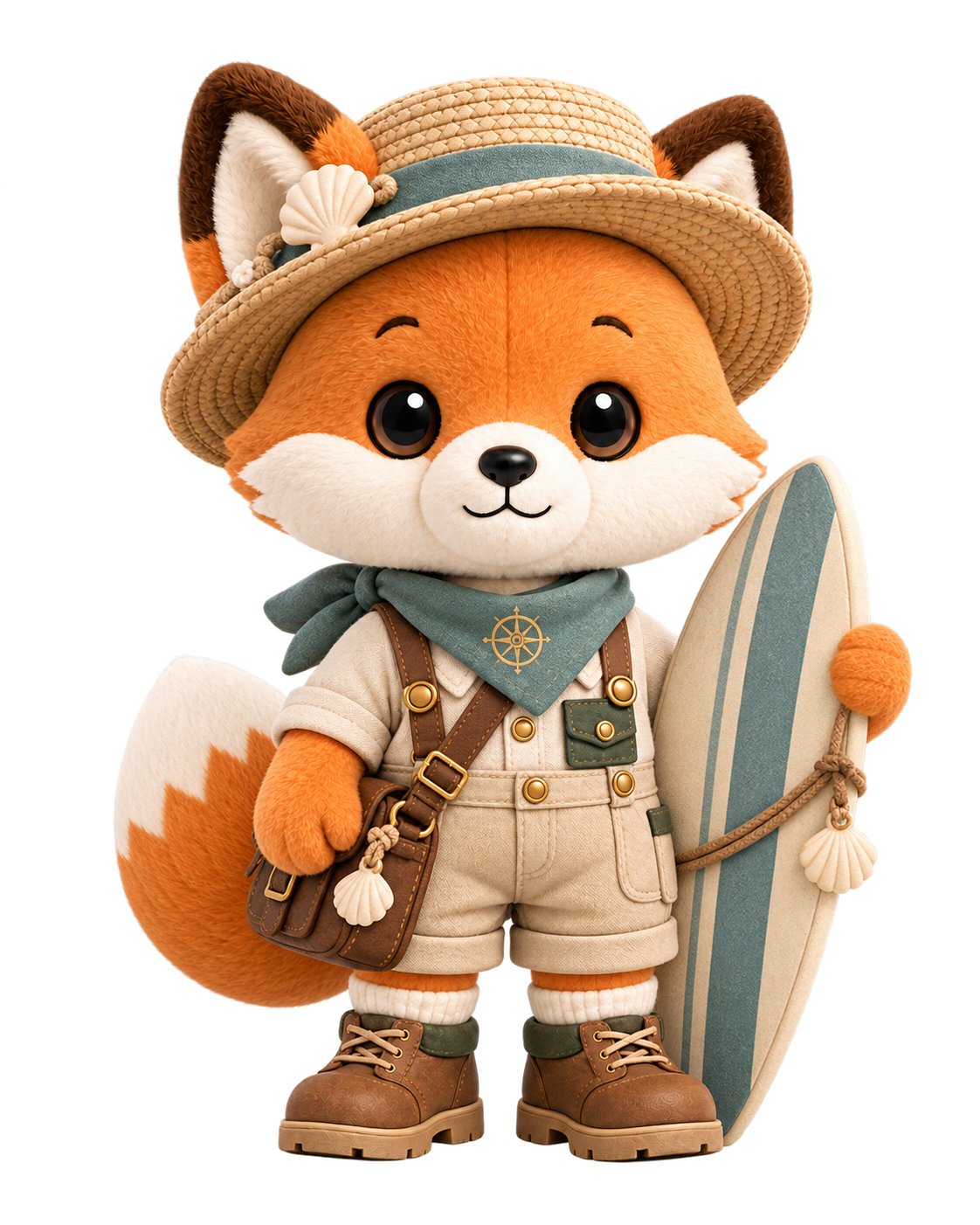 Civi fox character in a coastal outfit holding a surfboard.
