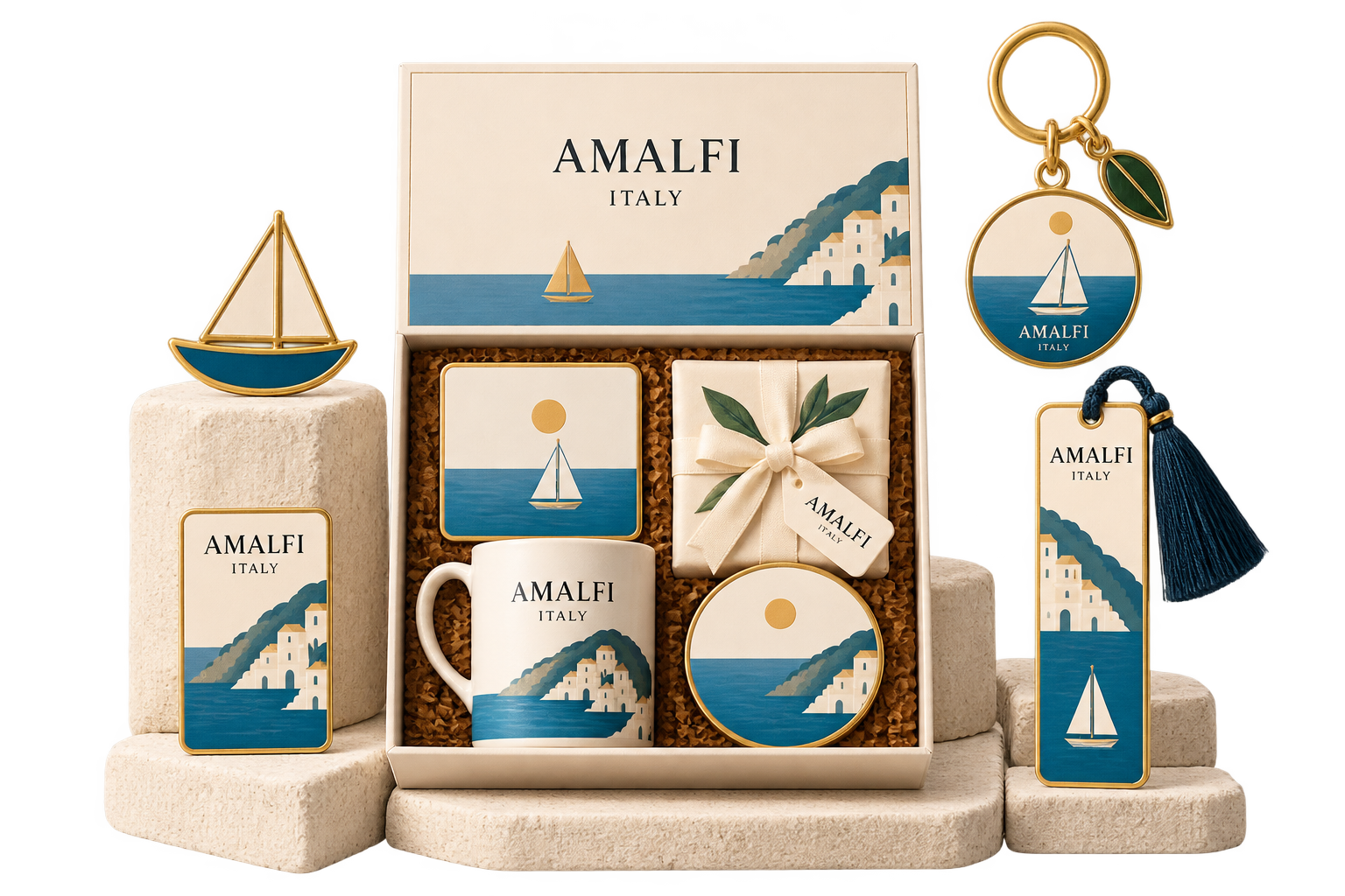 Coordinated premium souvenir collection showing a gift set and matching custom merchandise formats