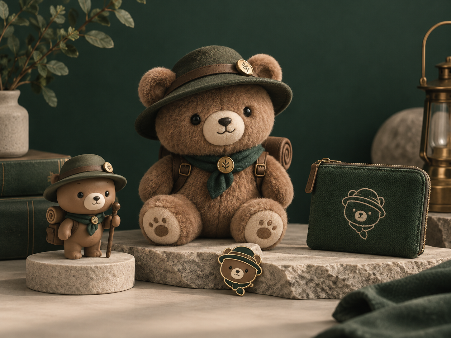 Original bear character merchandise collection with plush, figure, pin and matching accessories
