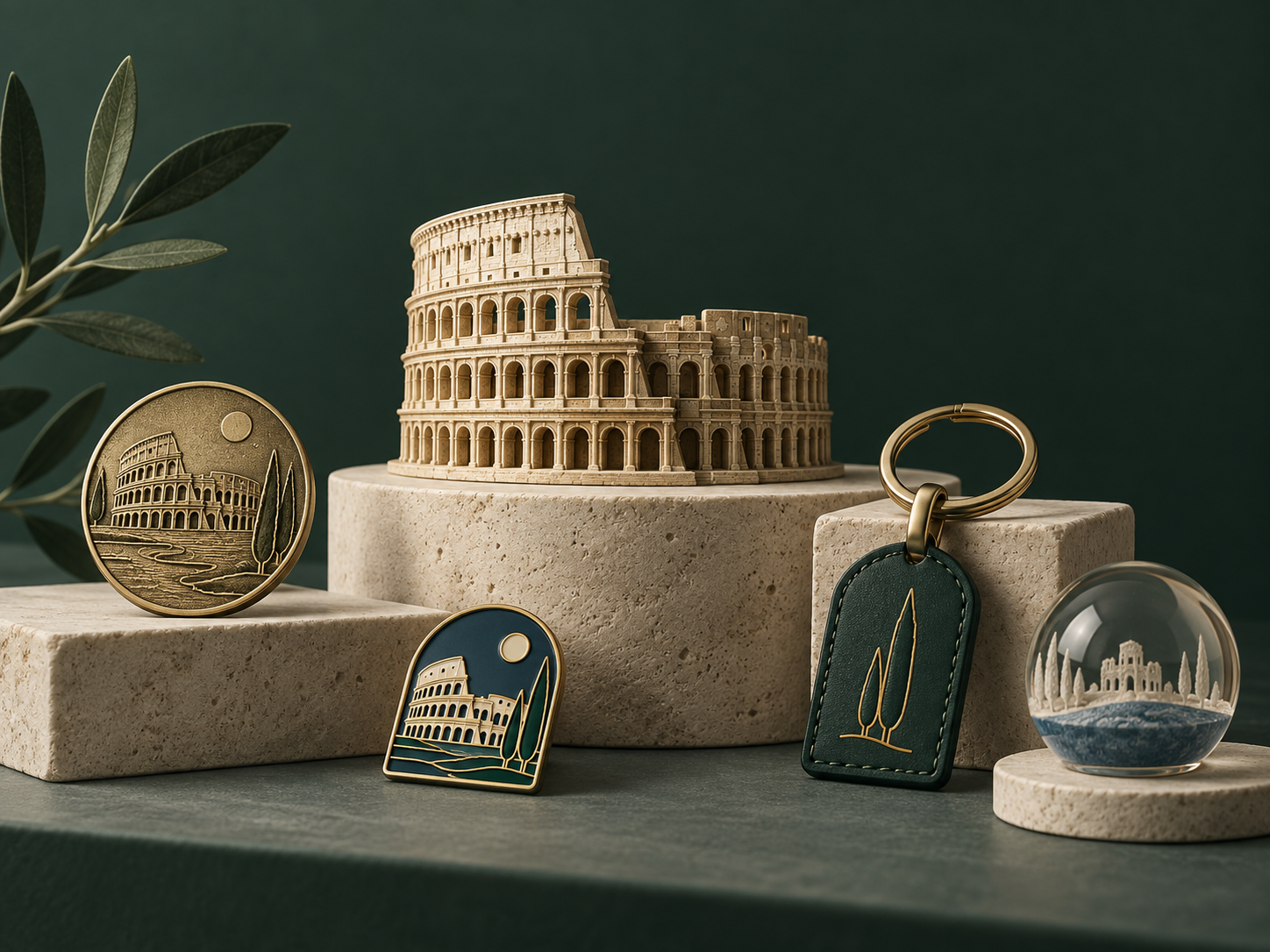 Rome destination souvenir collection with landmark miniature, coin, pin, keychain and collectible object