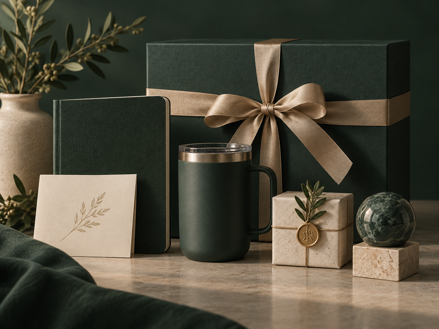 Premium coordinated gift collection with notebook, drinkware, gift box and presentation accessories